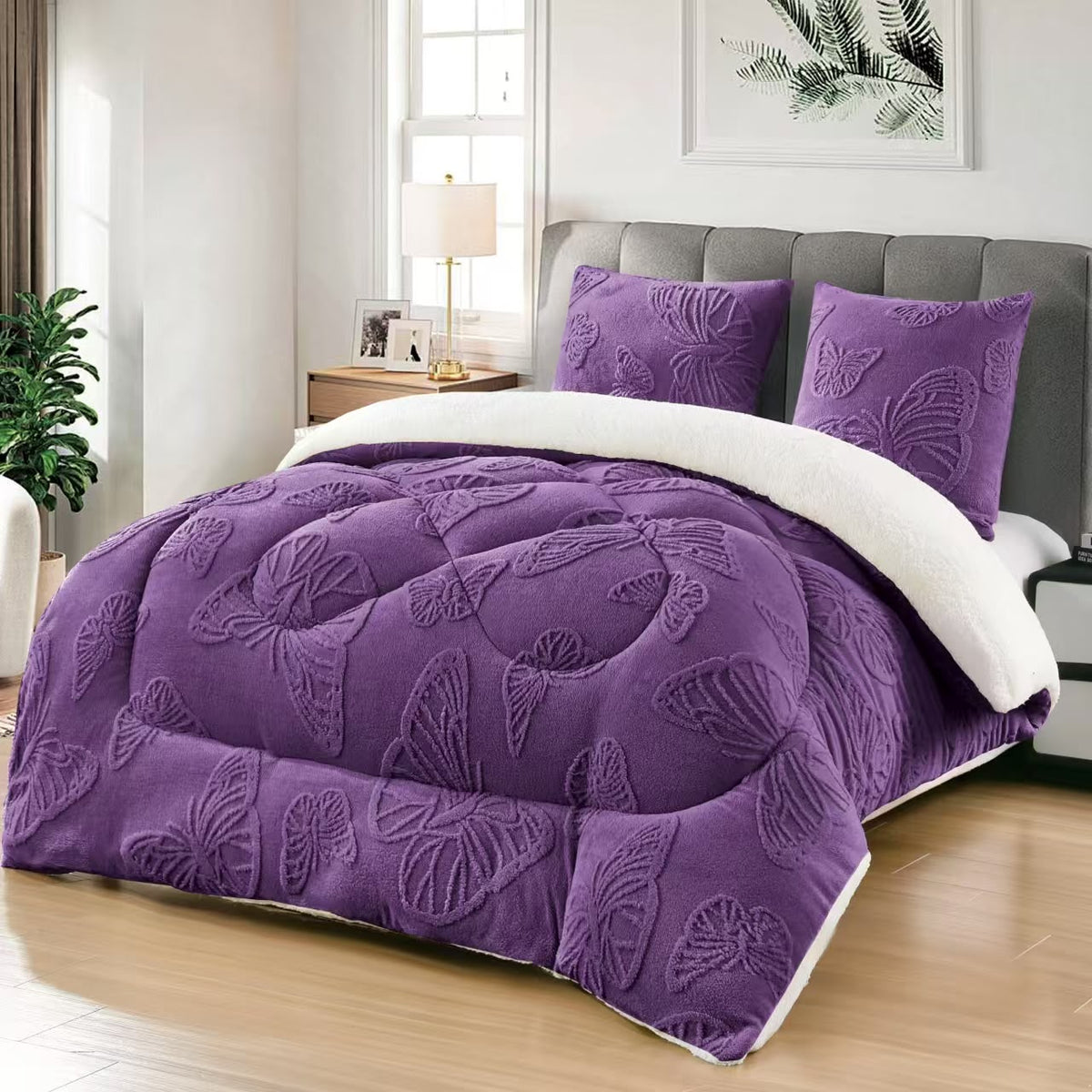 Pilotă Cocolino cu Blană 200x230 cm + 2 Fețe de Pernă 50x70 cm, Pufoasă și Călduroasă, Model Fluturi