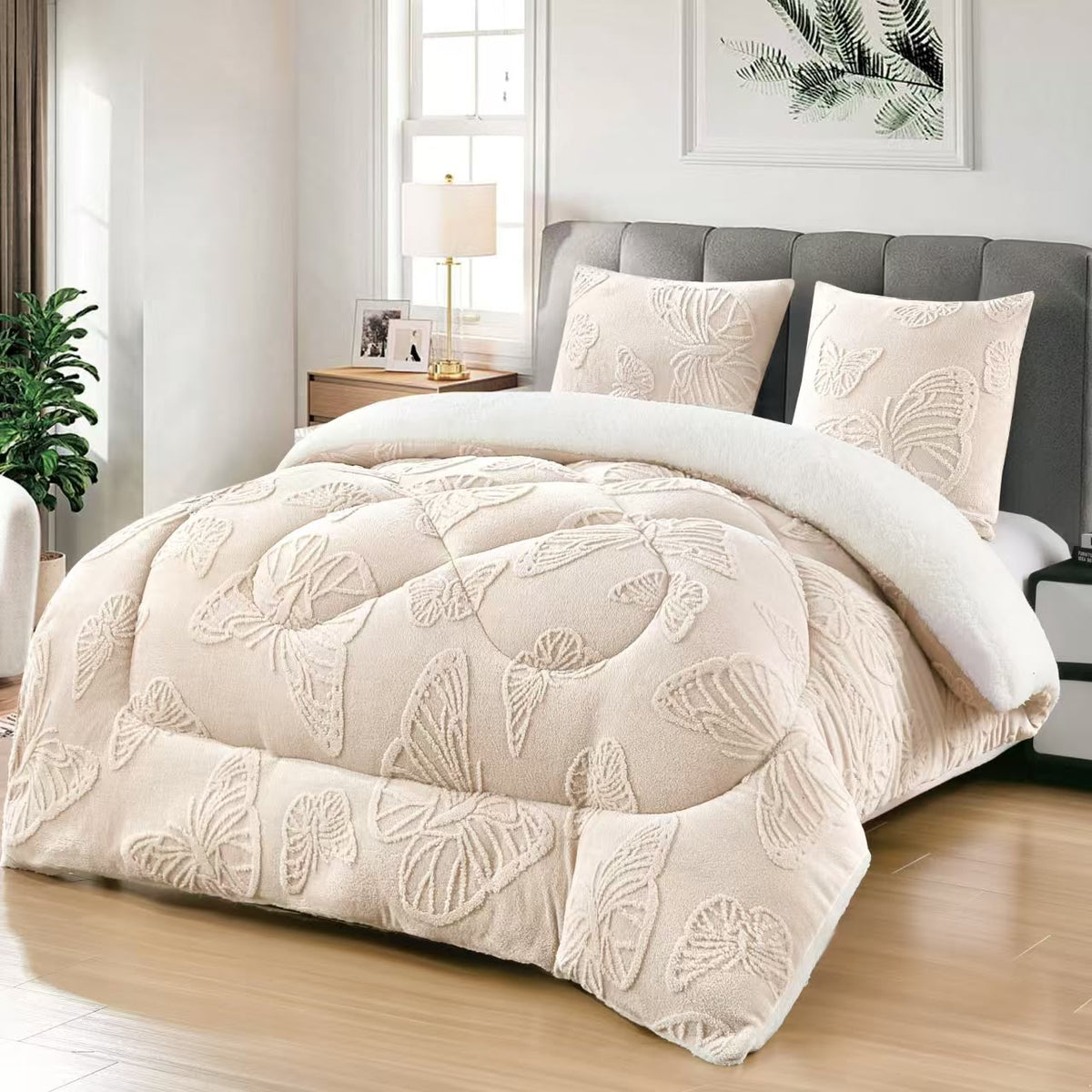 Pilotă Cocolino cu Blană 200x230 cm + 2 Fețe de Pernă 50x70 cm, Pufoasă și Călduroasă, Model Fluturi