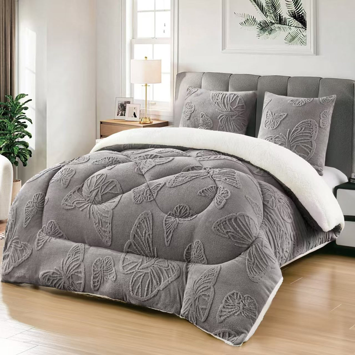 Pilotă Cocolino cu Blană 200x230 cm + 2 Fețe de Pernă 50x70 cm, Pufoasă și Călduroasă, Model Fluturi
