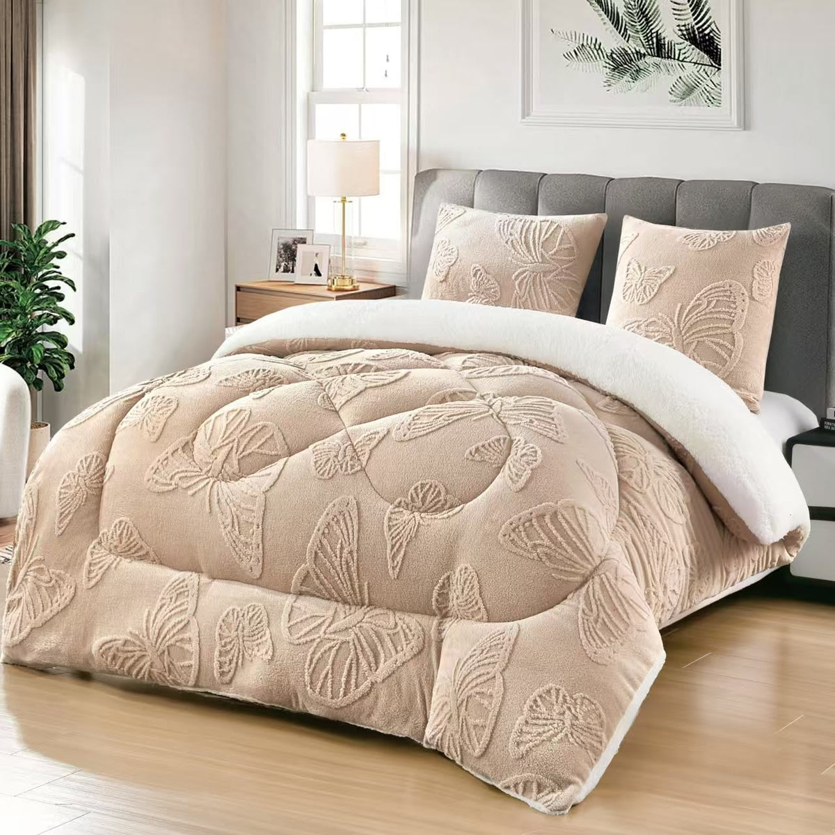 Pilotă Cocolino cu Blană 200x230 cm + 2 Fețe de Pernă 50x70 cm, Pufoasă și Călduroasă, Model Fluturi