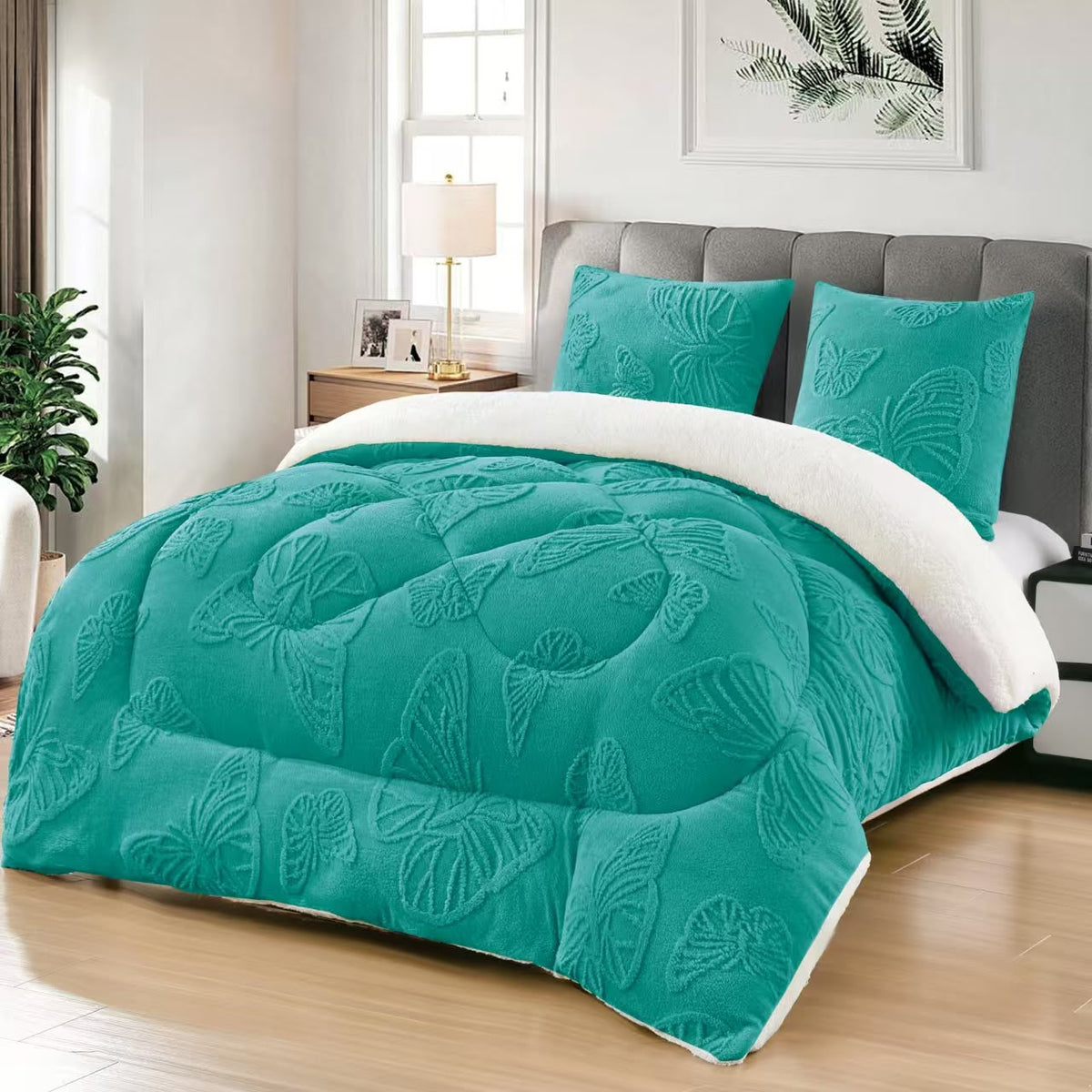 Pilotă Cocolino cu Blană 200x230 cm + 2 Fețe de Pernă 50x70 cm, Pufoasă și Călduroasă, Model Fluturi