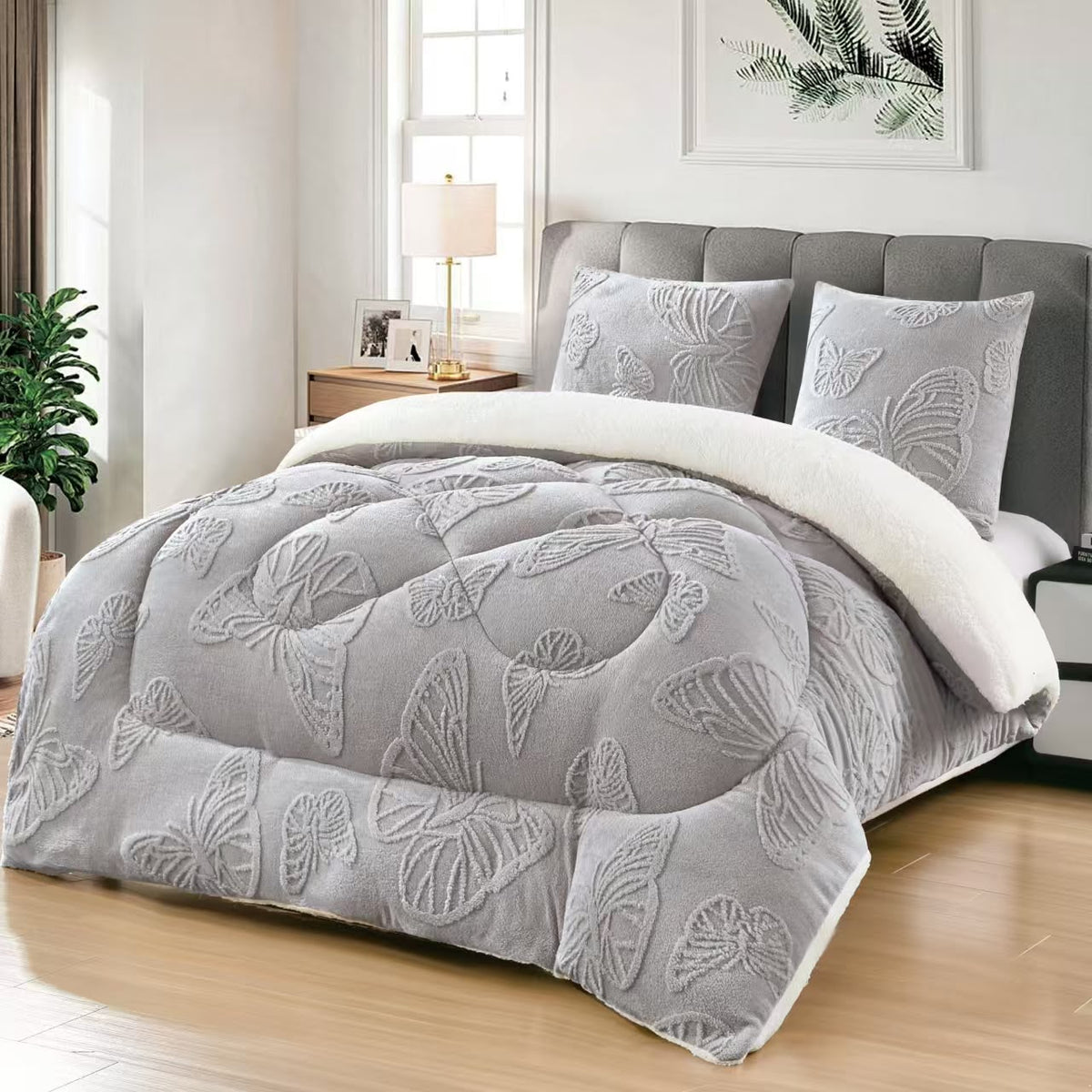 Pilotă Cocolino cu Blană 200x230 cm + 2 Fețe de Pernă 50x70 cm, Pufoasă și Călduroasă, Model Fluturi