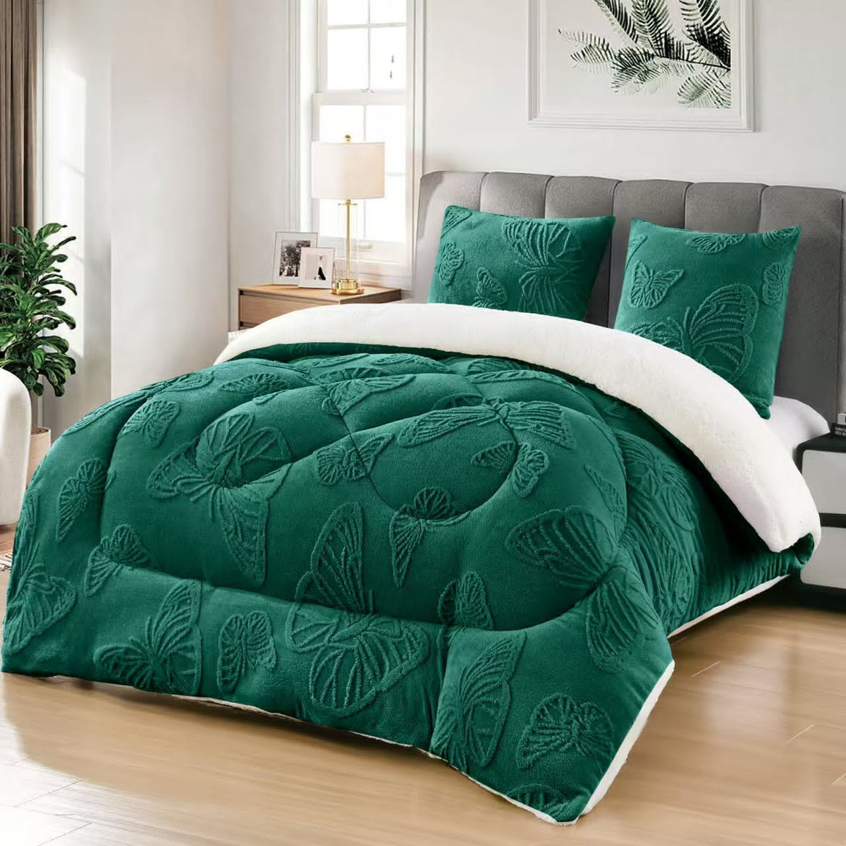Pilotă Cocolino cu Blană 200x230 cm + 2 Fețe de Pernă 50x70 cm, Pufoasă și Călduroasă, Model Fluturi