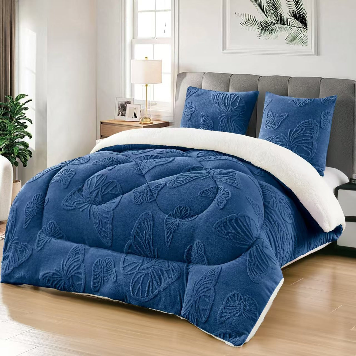 Pilotă Cocolino cu Blană 200x230 cm + 2 Fețe de Pernă 50x70 cm, Pufoasă și Călduroasă, Model Fluturi