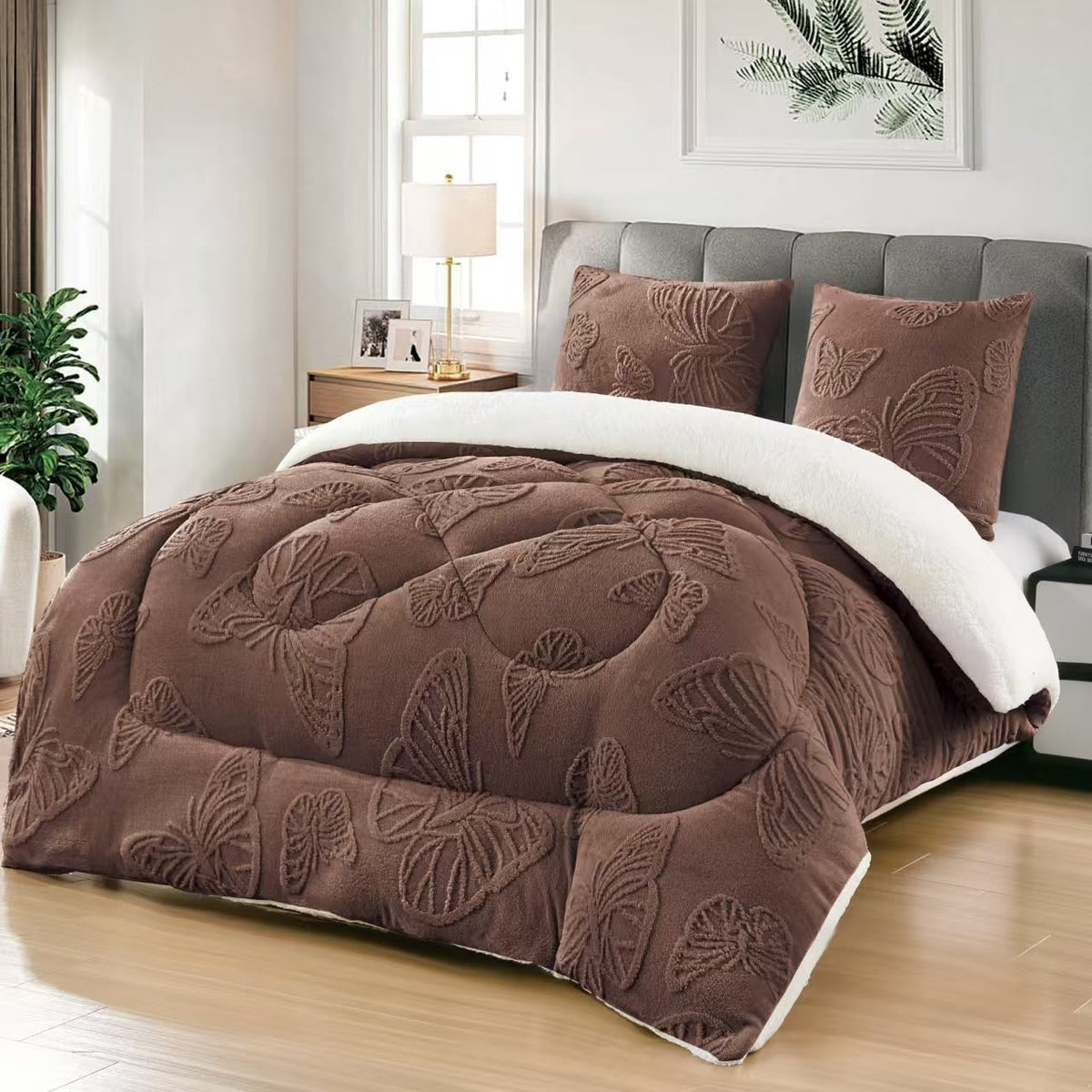Pilotă Cocolino cu Blană 200x230 cm + 2 Fețe de Pernă 50x70 cm, Pufoasă și Călduroasă, Model Fluturi