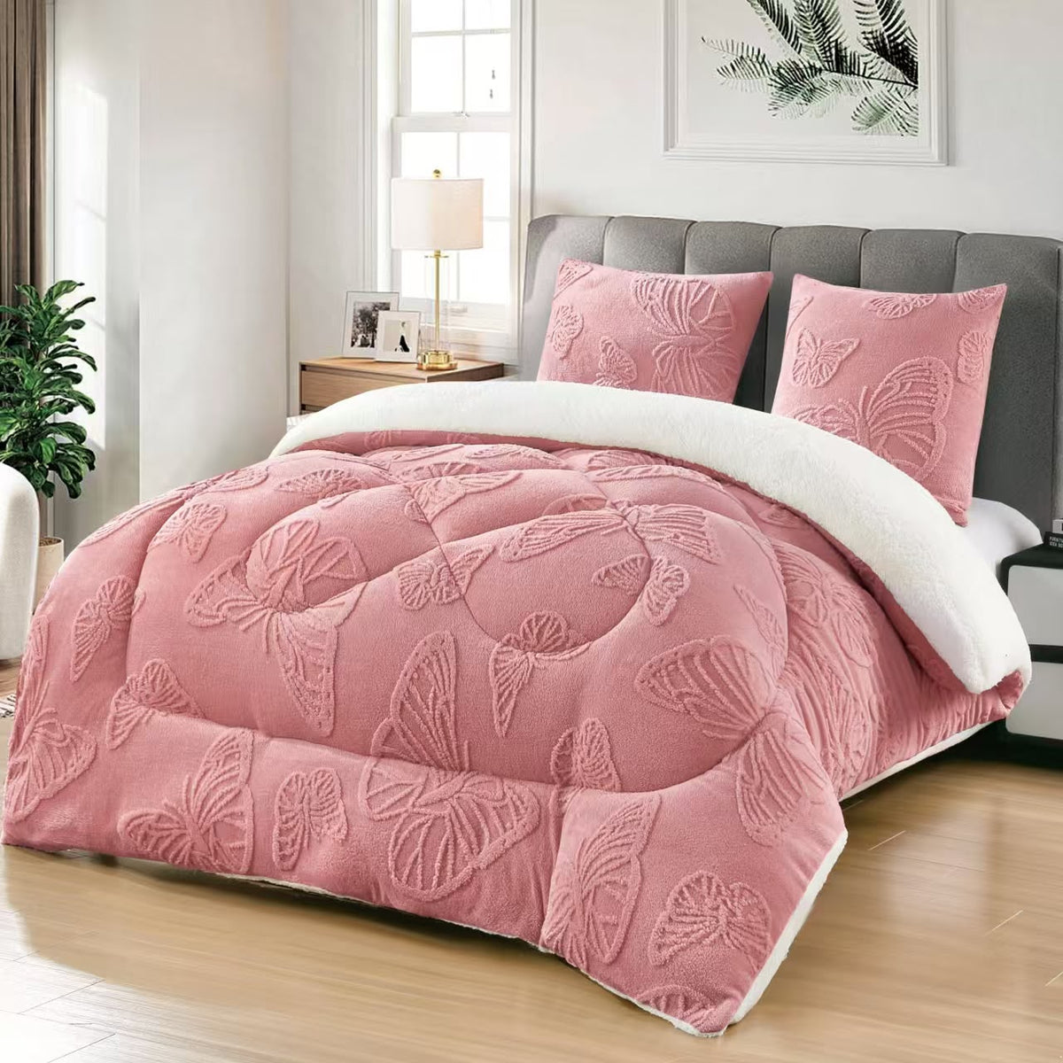 Pilotă Cocolino cu Blană 200x230 cm + 2 Fețe de Pernă 50x70 cm, Pufoasă și Călduroasă, Model Fluturi