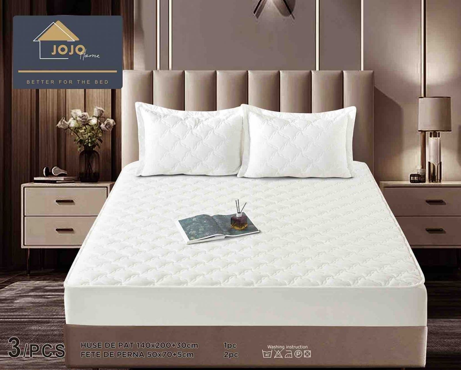 Husa de Pat Catifelata cu Elastic, 140 x 200 cm, cu Doua Fete de Perna , Alb , C649