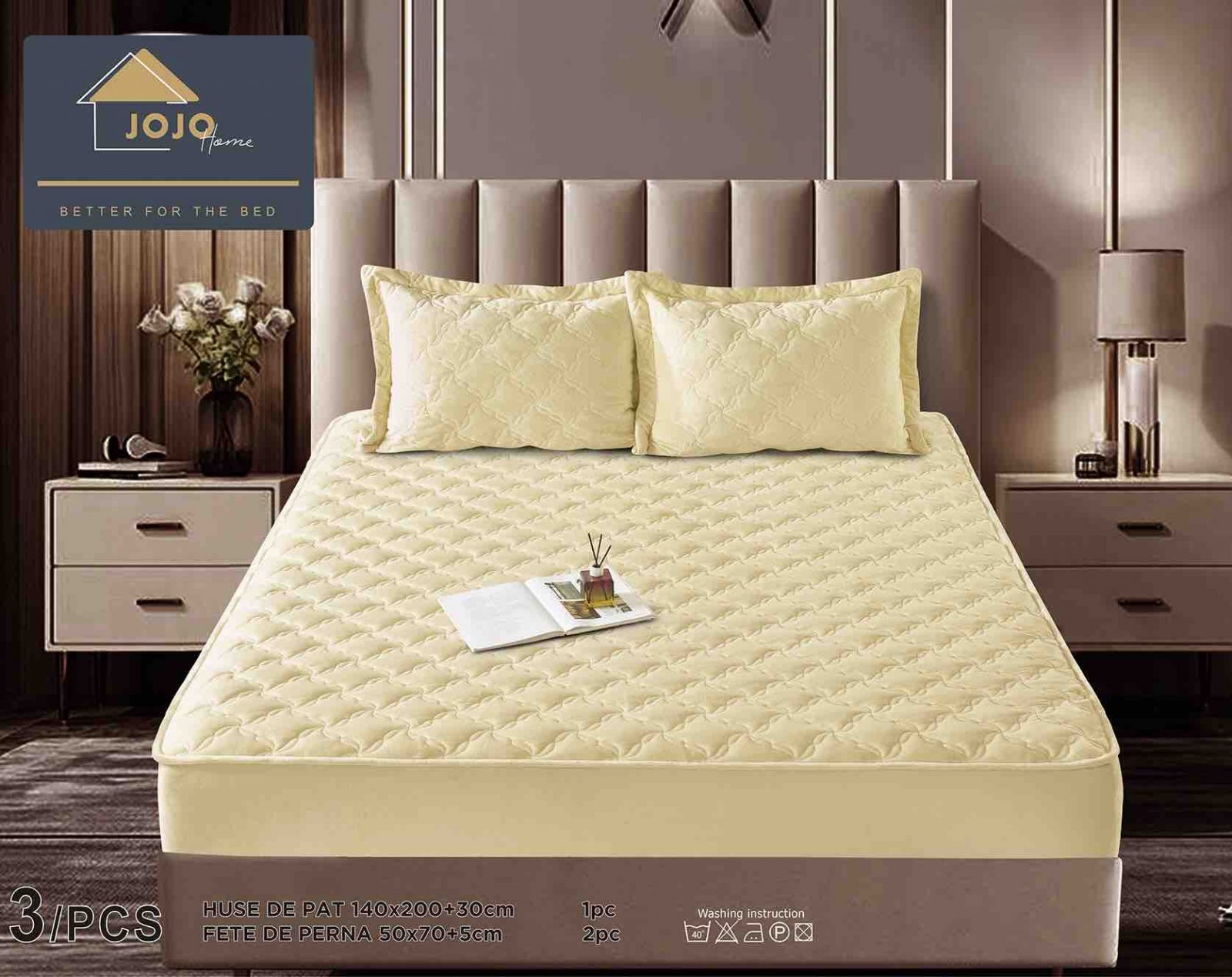 Husa de Pat Catifelata cu Elastic, 140 x 200 cm, cu Doua Fete de Perna , Crem , C643