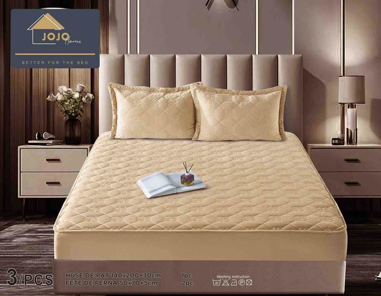 Husa de Pat Catifelata cu Elastic, 140 x 200 cm, cu Doua Fete de Perna , Crem , C650