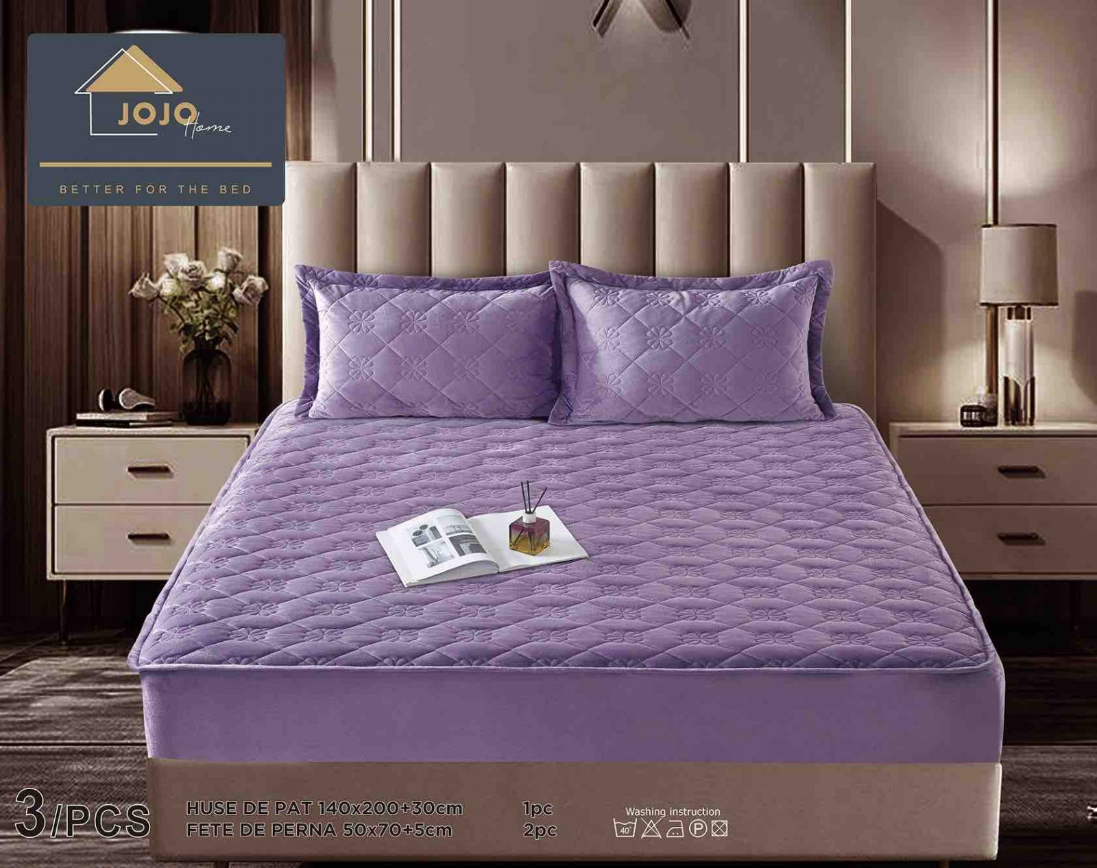 Husa de Pat Catifelata cu Elastic, 140 x 200 cm, cu Doua Fete de Perna , Mov , C646