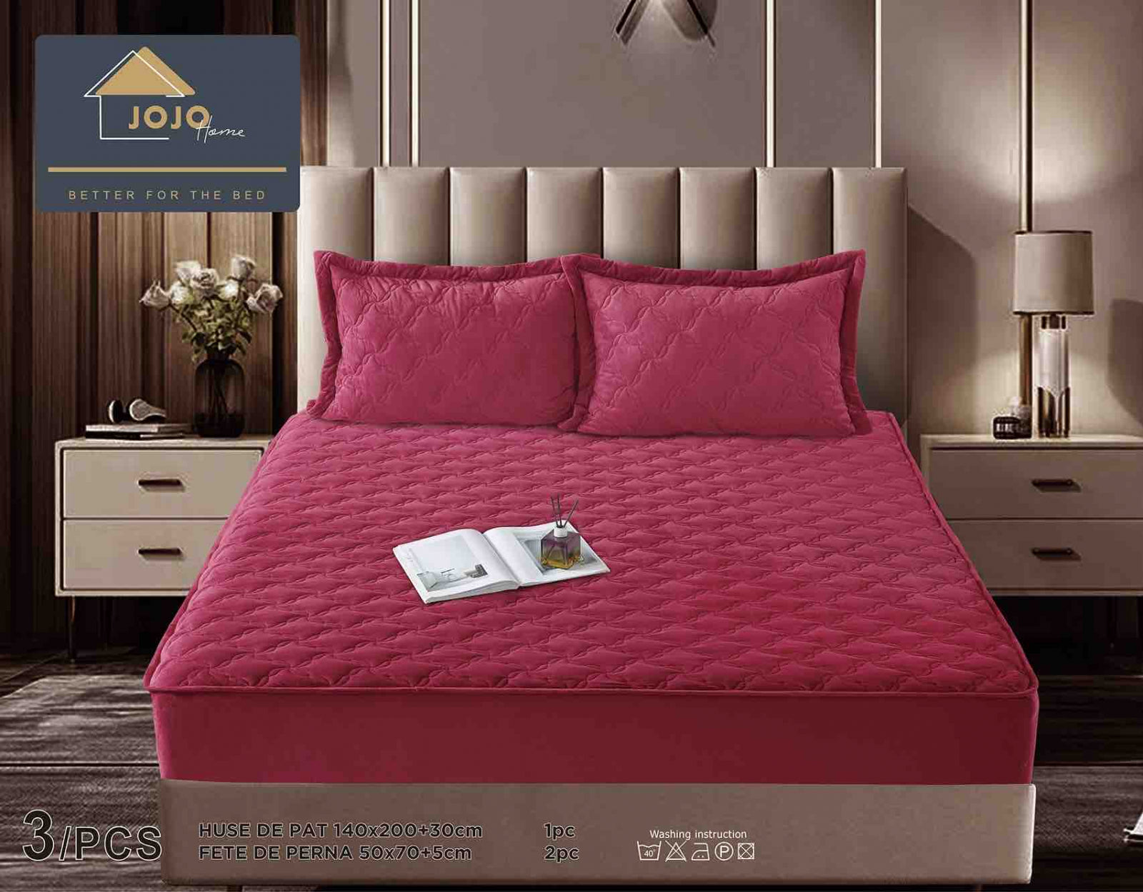 Husa de Pat Catifelata cu Elastic, 140 x 200 cm, cu Doua Fete de Perna , Rosu , C644