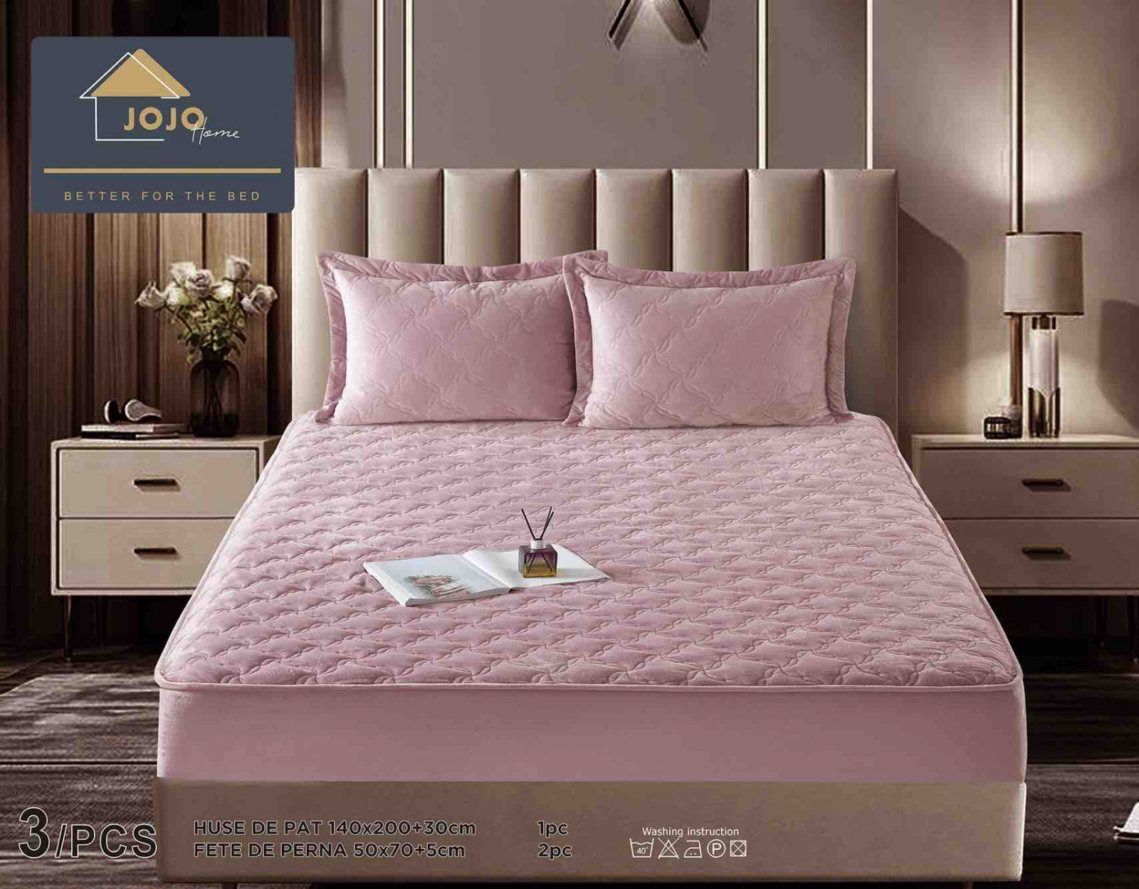 Husa de Pat Catifelata cu Elastic, 140 x 200 cm, cu Doua Fete de Perna , Roz , C651