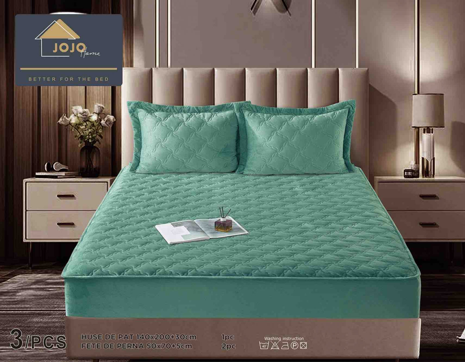 Husa de Pat Catifelata cu Elastic, 140 x 200 cm, cu Doua Fete de Perna , Turcoaz , C645