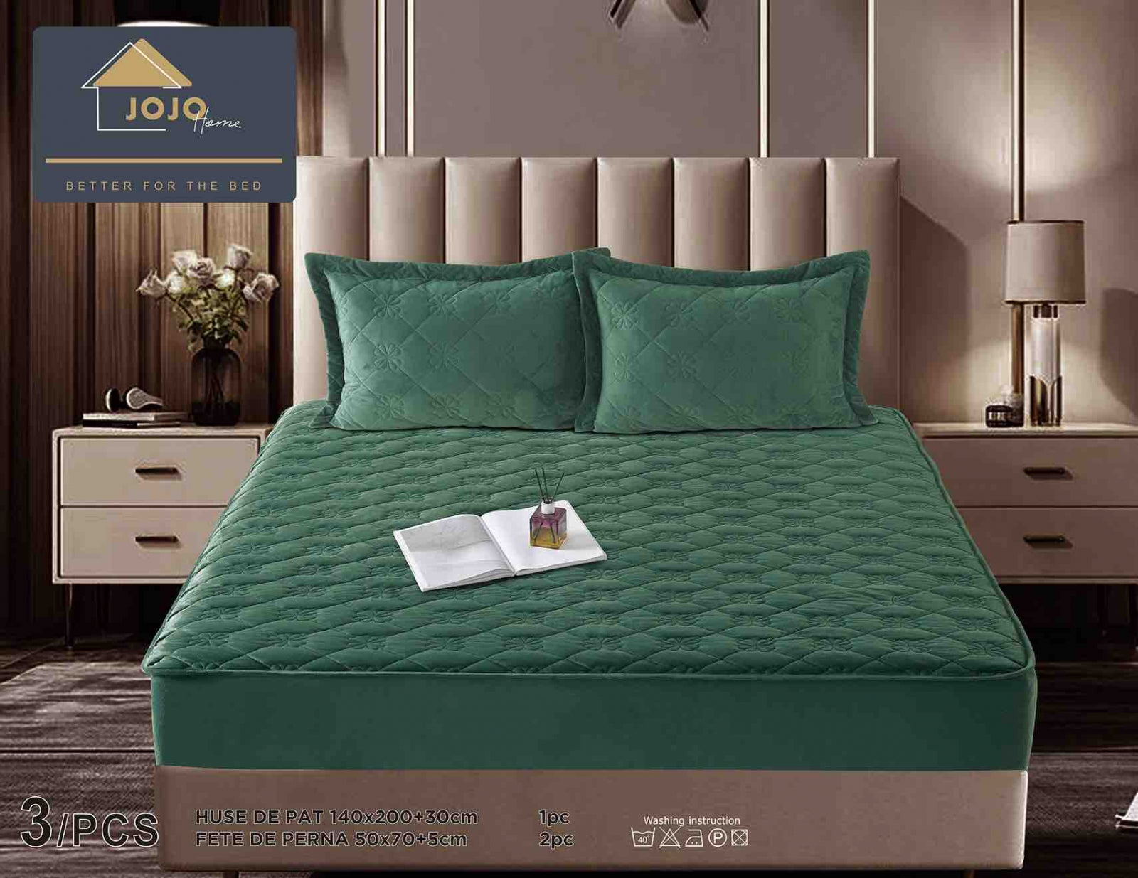 Husa de Pat Catifelata cu Elastic, 140 x 200 cm, cu Doua Fete de Perna , Verde , C647