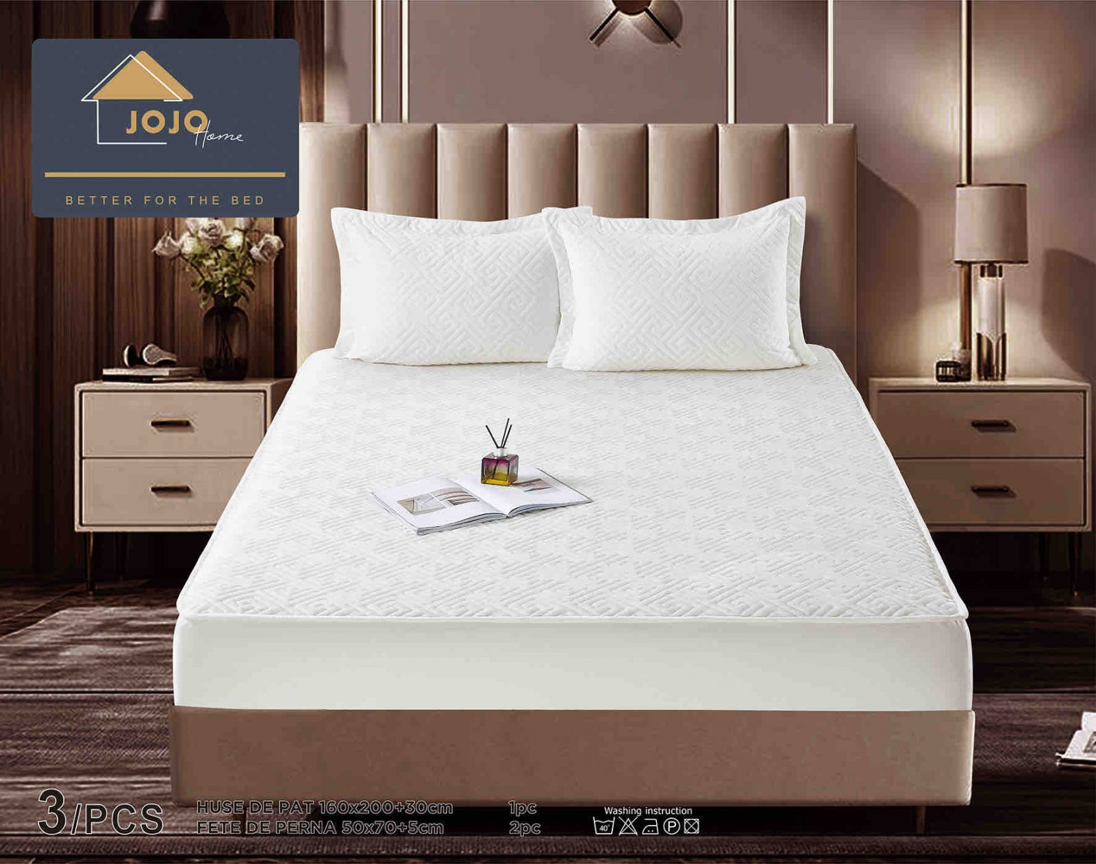 Husa de Pat Catifelata cu Elastic, 160 x 200cm, cu Doua Fete de Perna , Alb , C638
