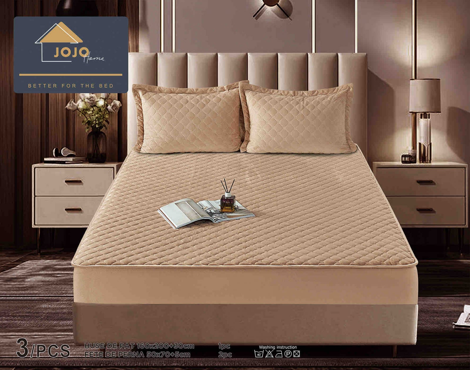 Husa de Pat Catifelata cu Elastic, 160 x 200cm, cu Doua Fete de Perna , Bej , C637