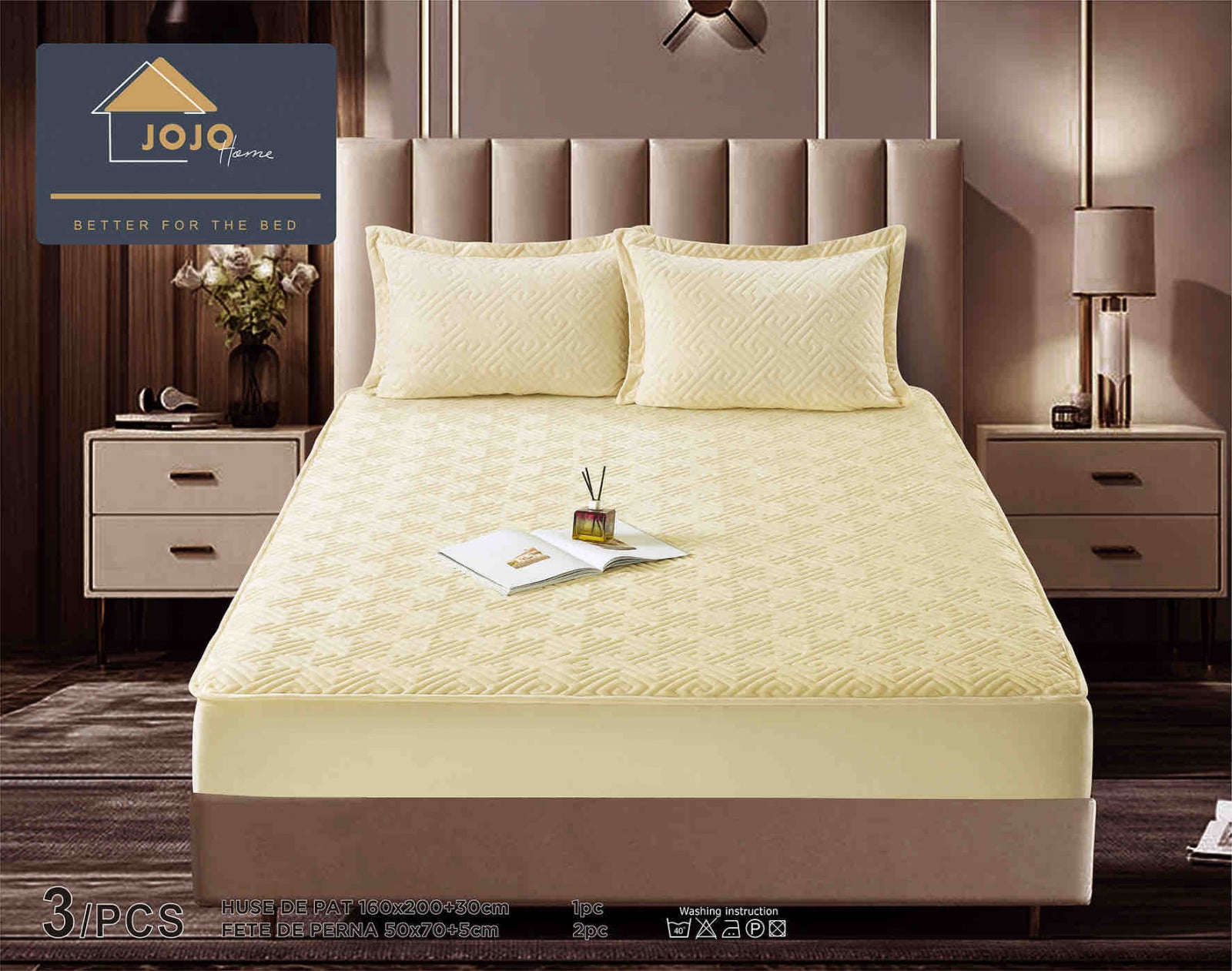Husa de Pat Catifelata cu Elastic, 160 x 200cm, cu Doua Fete de Perna , Crem , C639