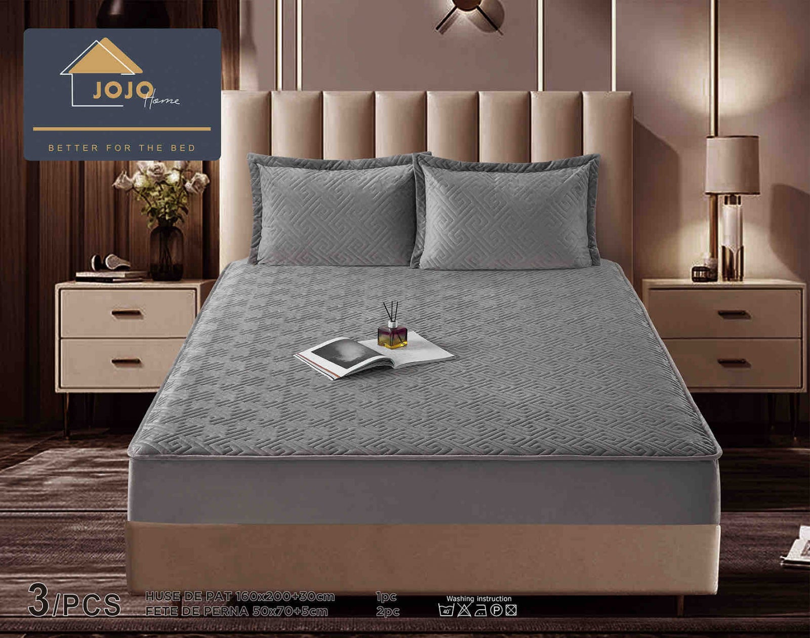 Husa de Pat Catifelata cu Elastic, 160 x 200cm, cu Doua Fete de Perna , Gri , C641