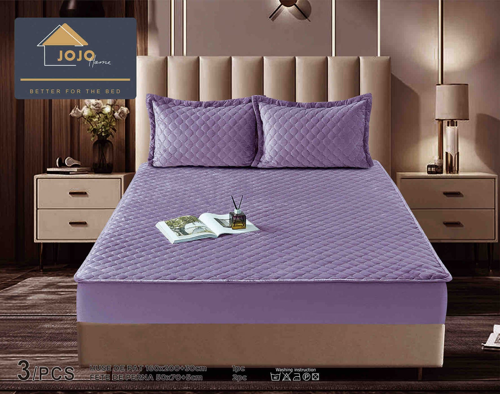 Husa de Pat Catifelata cu Elastic, 160 x 200cm, cu Doua Fete de Perna , Mov , C635