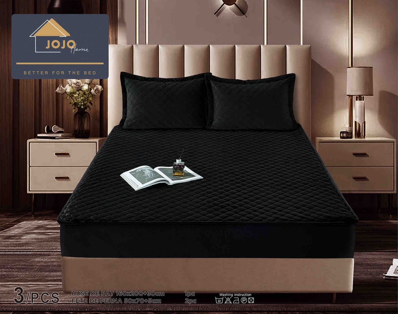 Husa de Pat Catifelata cu Elastic, 160 x 200cm, cu Doua Fete de Perna , Negru , C633