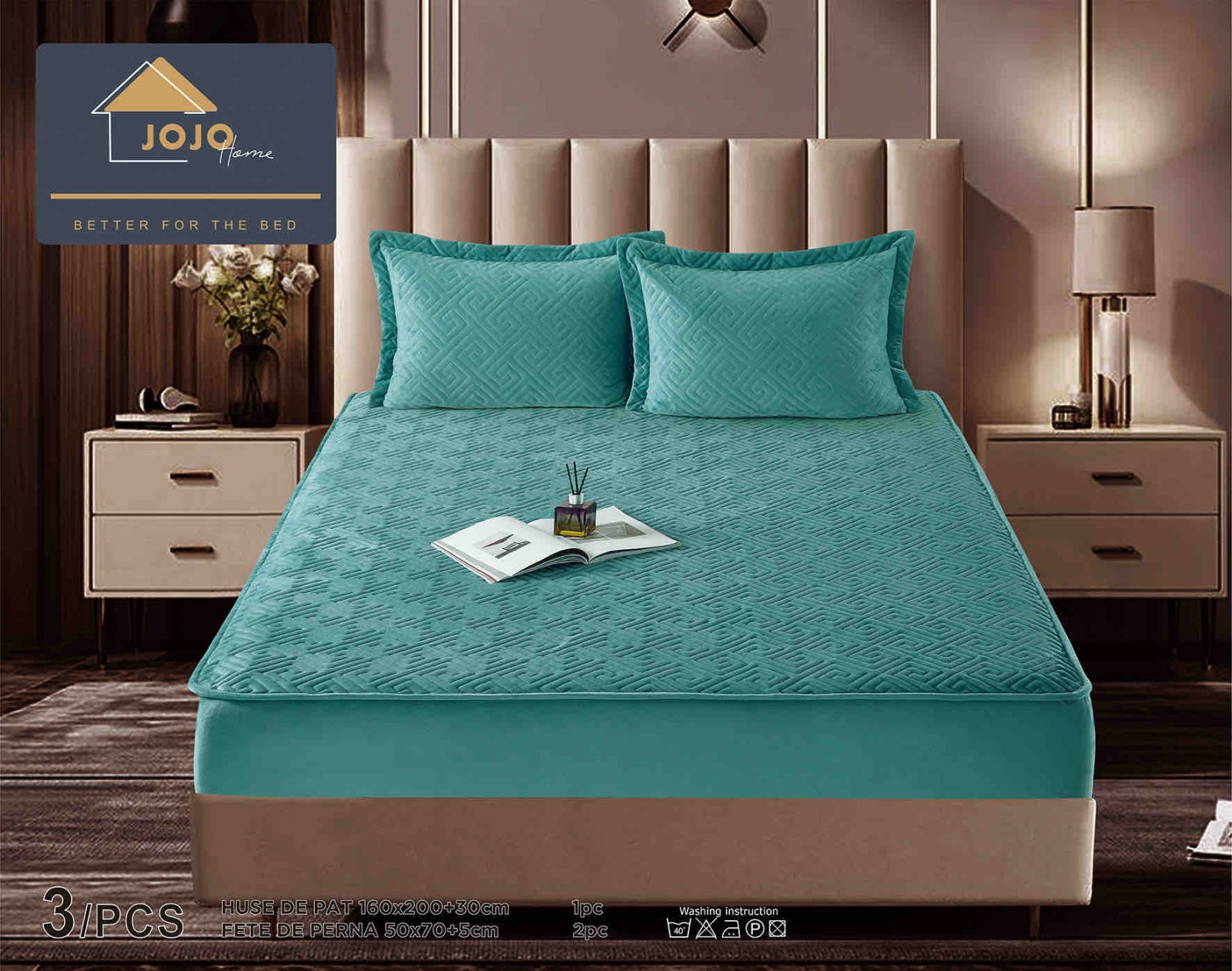 Husa de Pat Catifelata cu Elastic, 160 x 200cm, cu Doua Fete de Perna , Turcoaz , C632