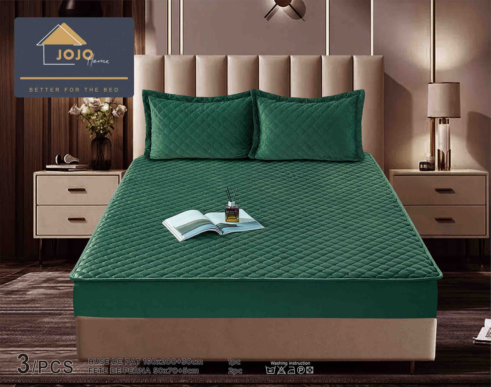 Husa de Pat Catifelata cu Elastic, 160 x 200cm, cu Doua Fete de Perna , Verde , C636