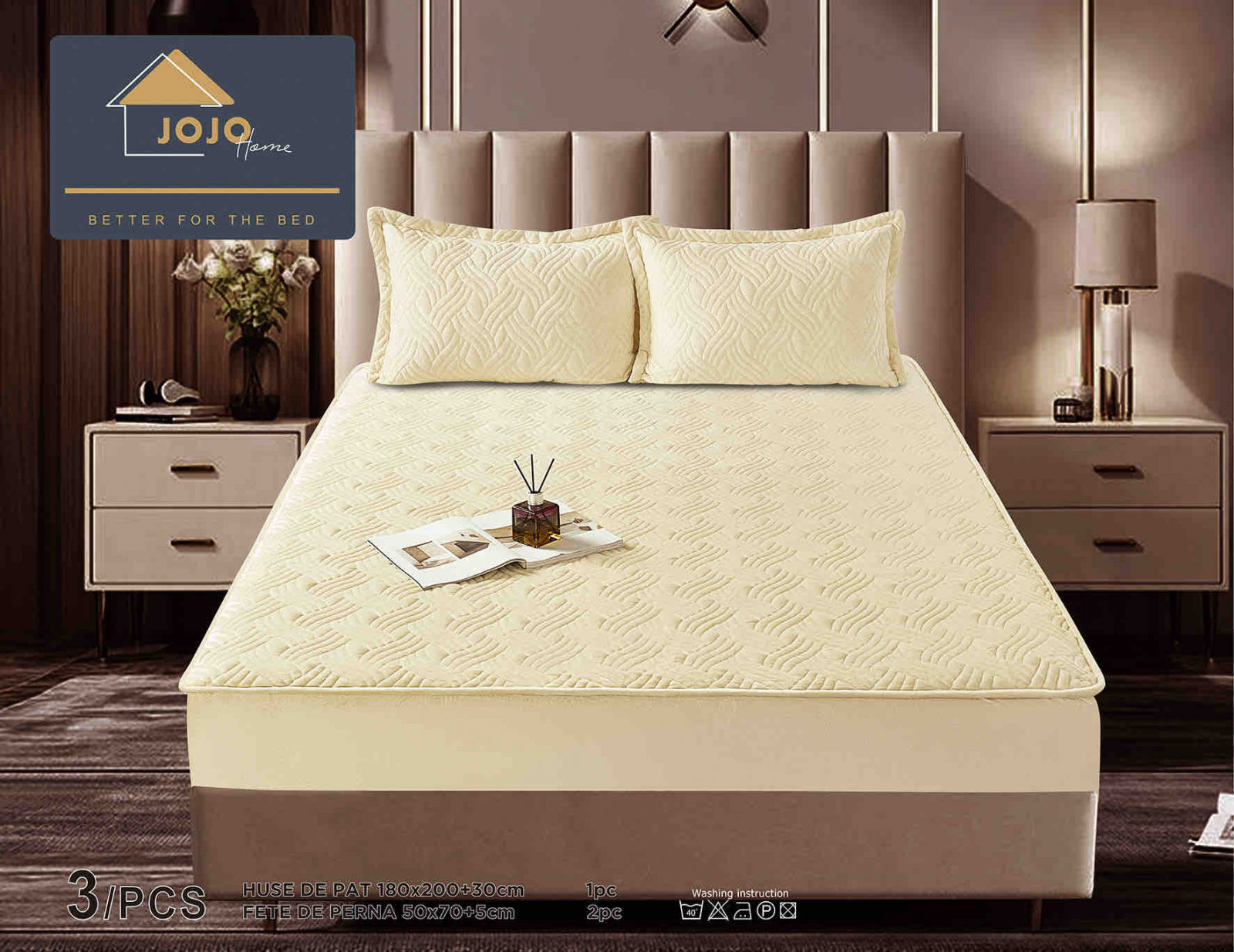 Husa de Pat Catifelata cu Elastic, 180 x 200cm, cu Doua Fete de Perna, Crem , C630