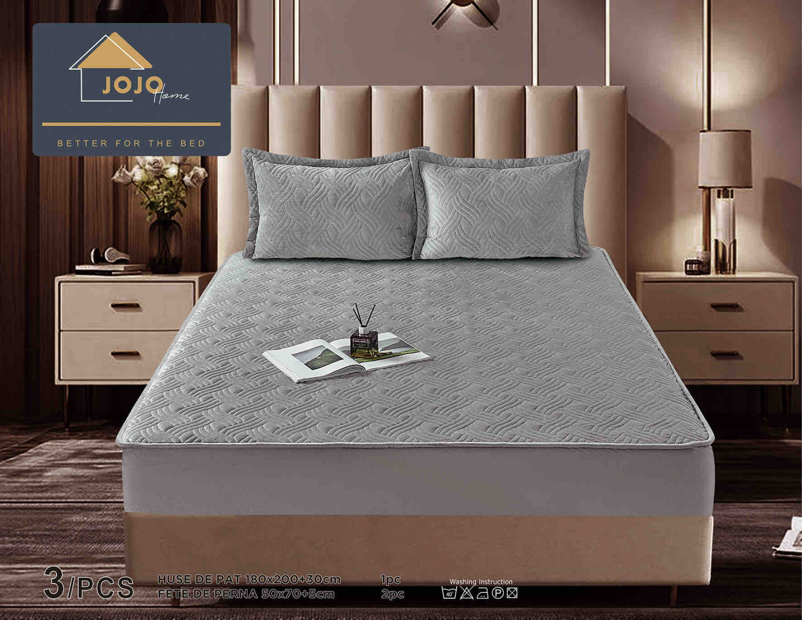Husa de Pat Catifelata cu Elastic, 180 x 200cm, cu Doua Fete de Perna, Gri , C621