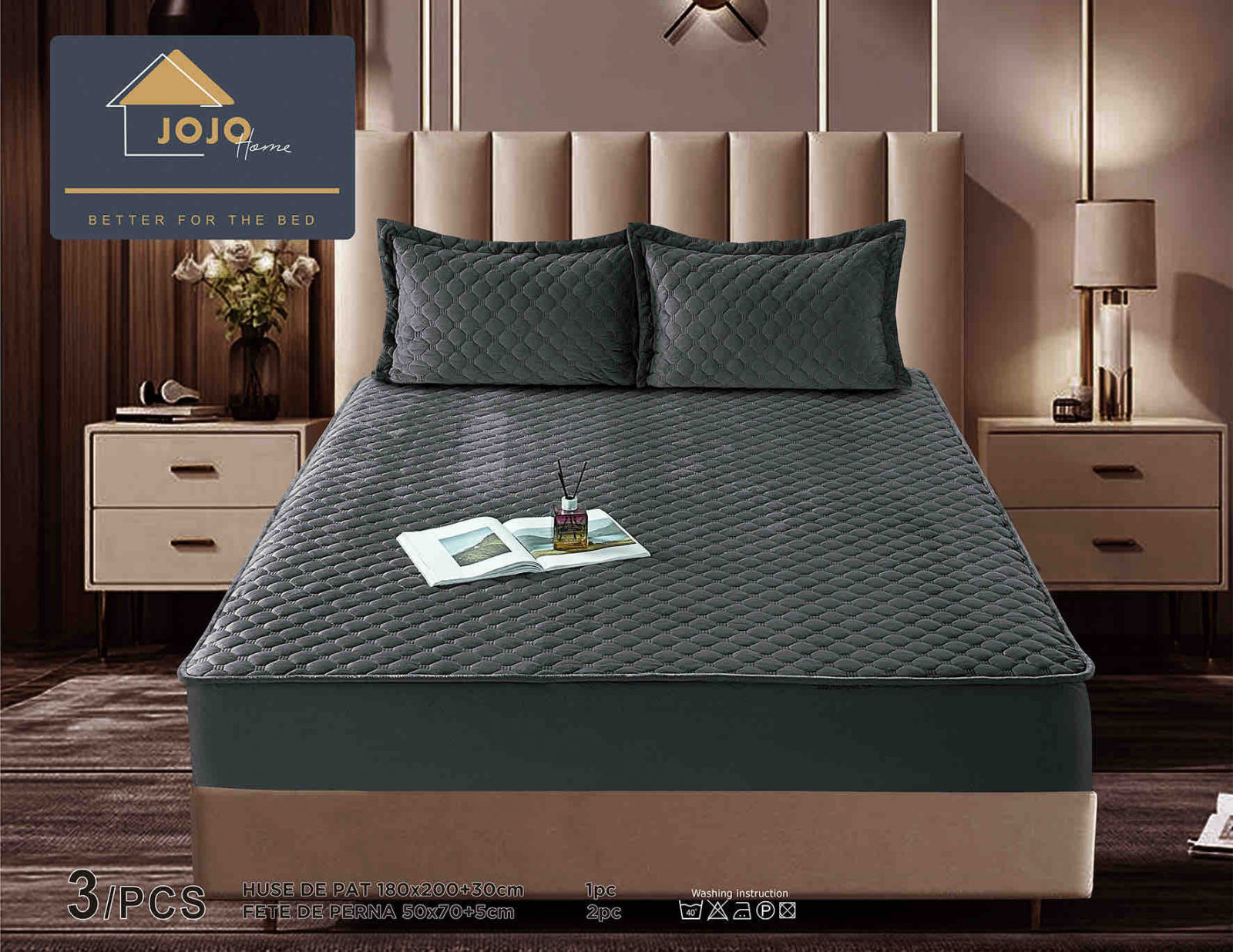 Husa de Pat Catifelata cu Elastic, 180 x 200cm, cu Doua Fete de Perna, Gri Inchis , C623