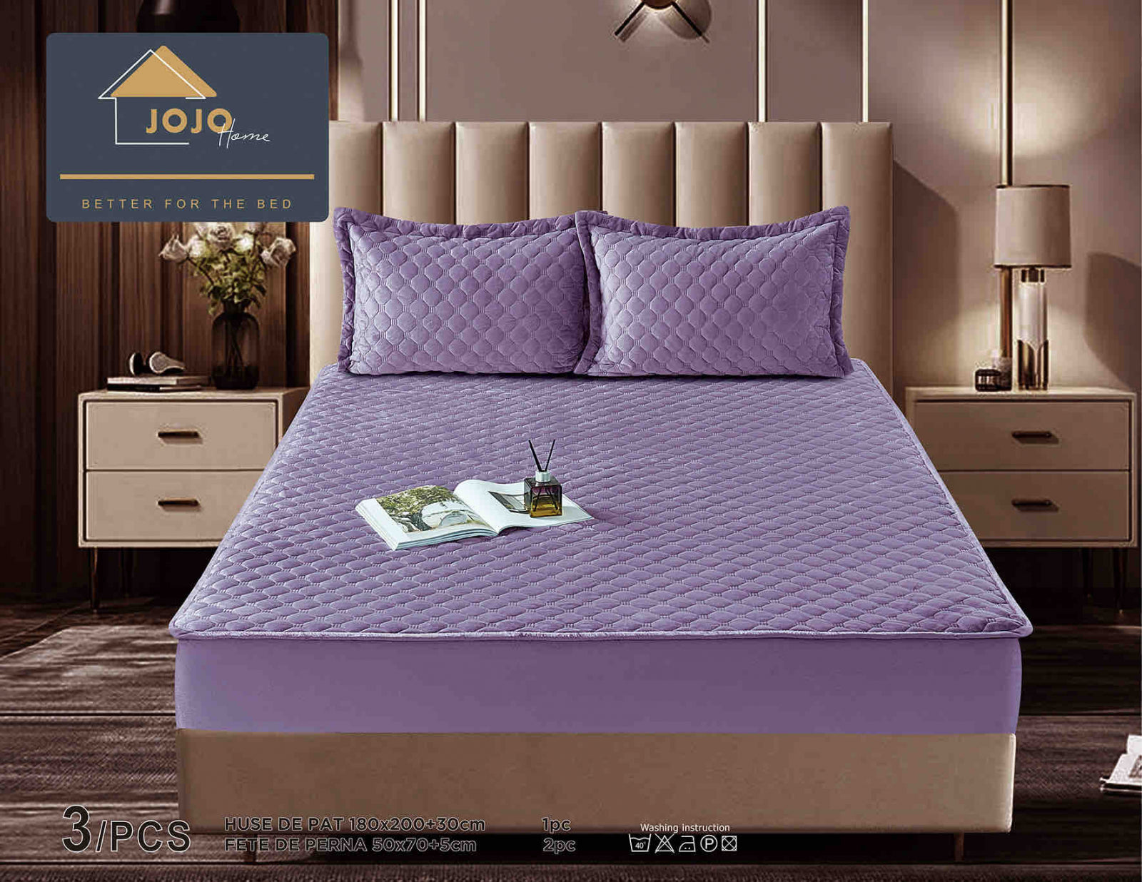 Husa de Pat Catifelata cu Elastic, 180 x 200cm, cu Doua Fete de Perna, Mov , C619