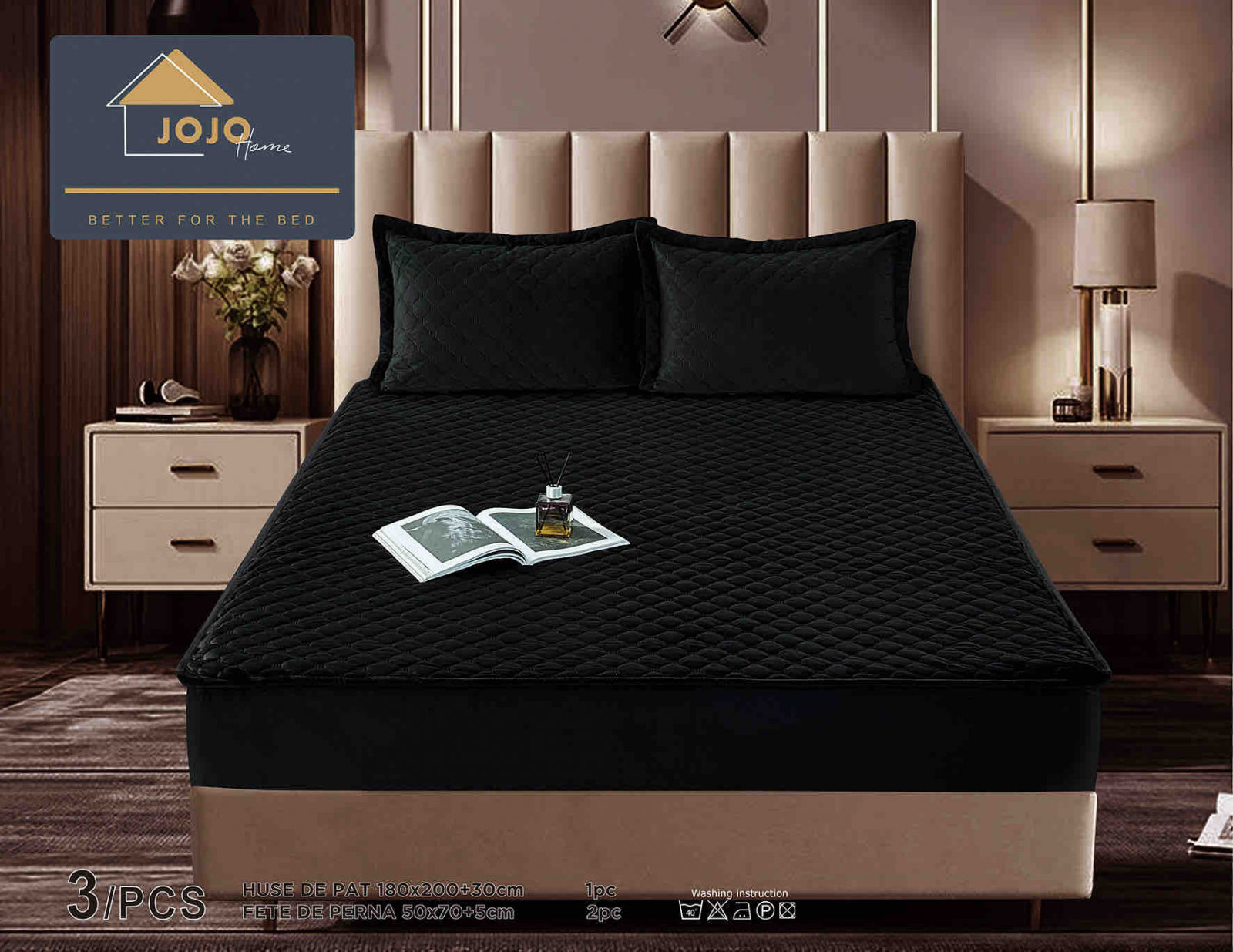 Husa de Pat Catifelata cu Elastic, 180 x 200cm, cu Doua Fete de Perna, Negru , C618