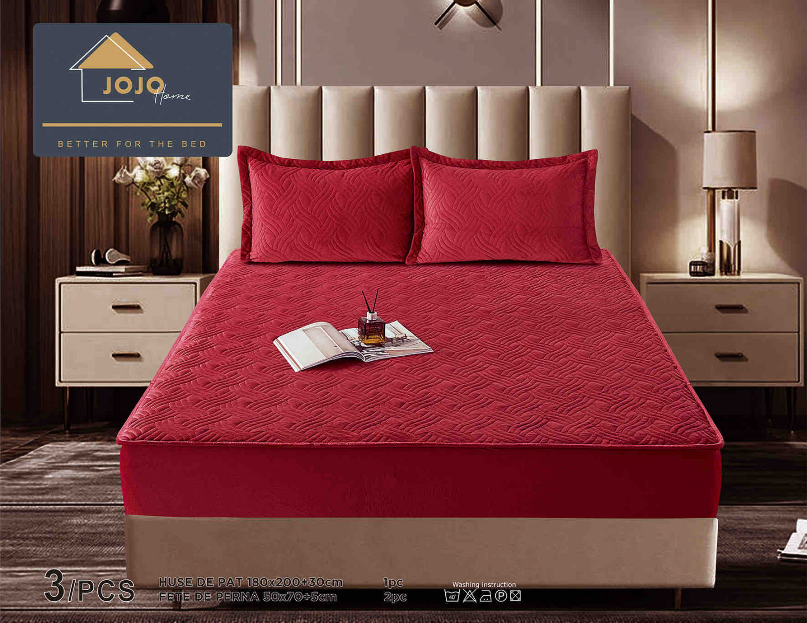 Husa de Pat Catifelata cu Elastic, 180 x 200cm, cu Doua Fete de Perna, Ro?u , C626