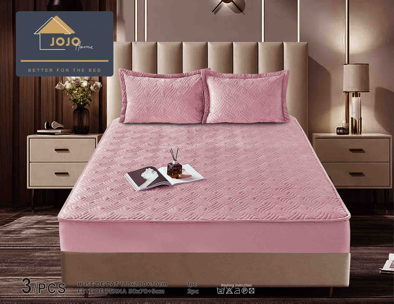Husa de Pat Catifelata cu Elastic, 180 x 200cm, cu Doua Fete de Perna, Roz , C629