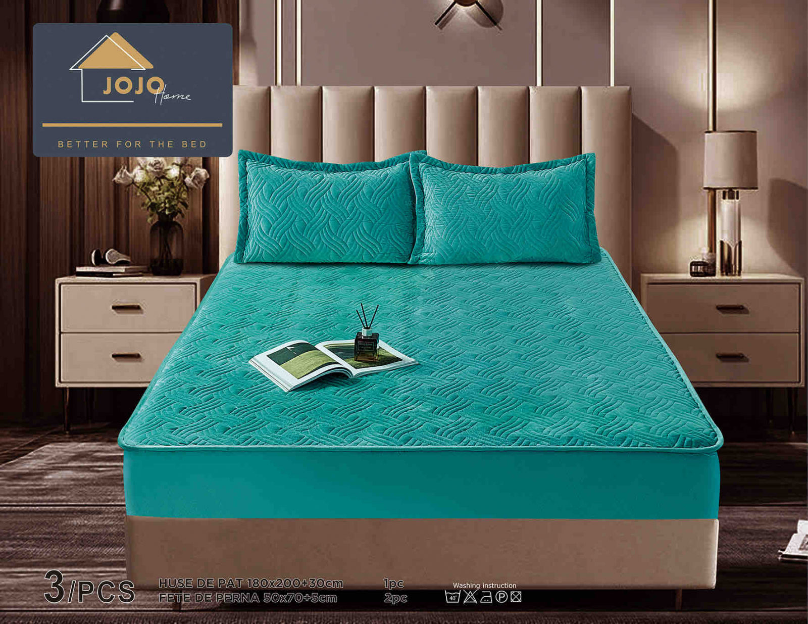Husa de Pat Catifelata cu Elastic, 180 x 200cm, cu Doua Fete de Perna, Turcoaz , C617