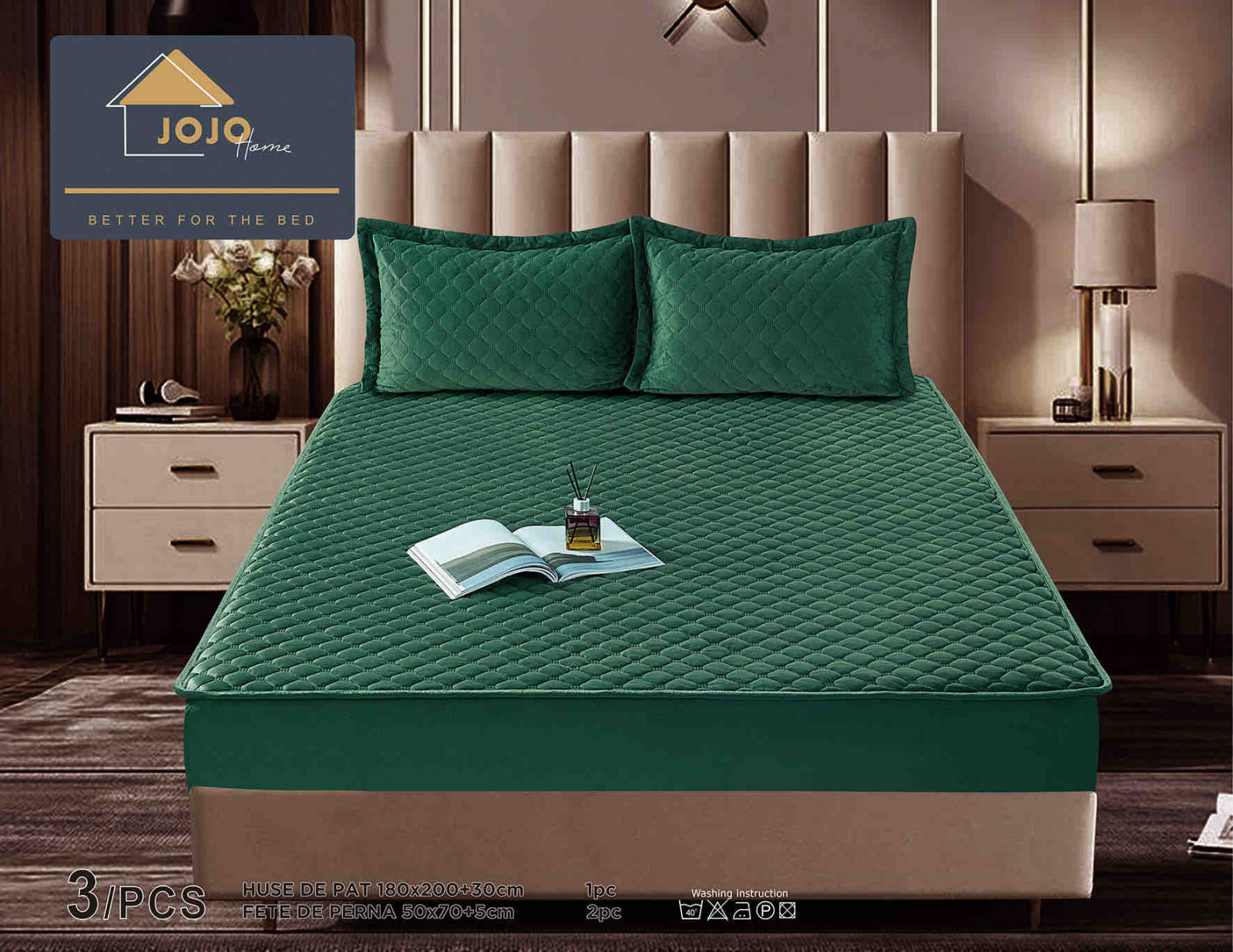 Husa de Pat Catifelata cu Elastic, 180 x 200cm, cu Doua Fete de Perna, Verde , C625