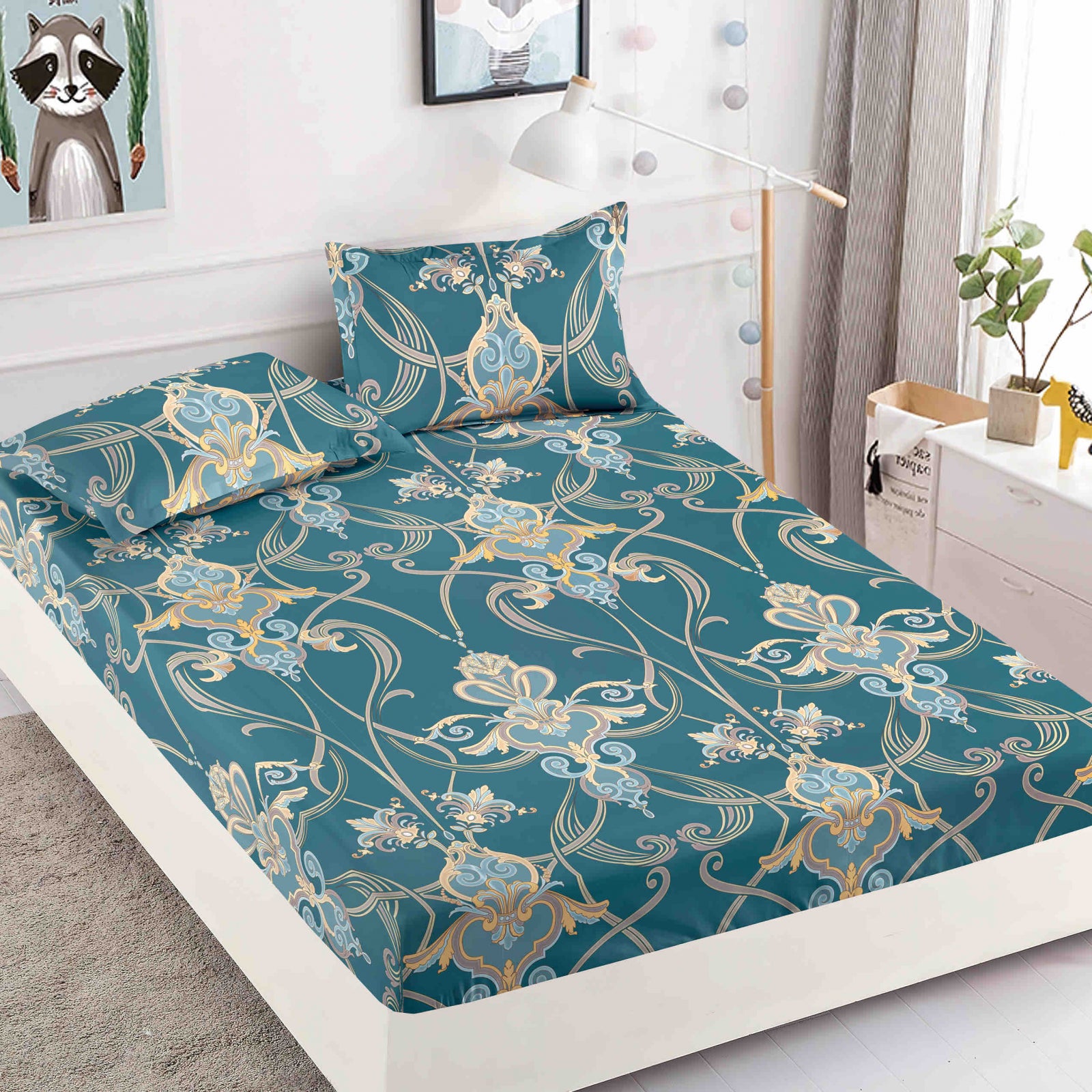 Husa de pat din Finet cu Elastic cu 2 fete de perna 180x200 , C958