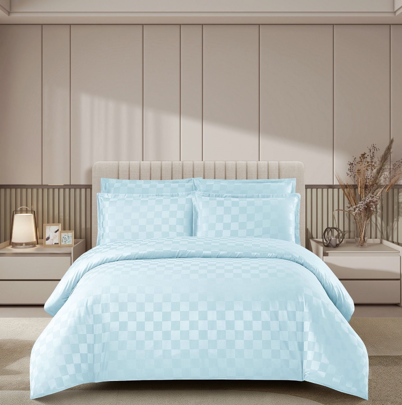 Lenjerie de Pat Damasc Premium Blue, 4 Piese, pentru 2 Persoane, cu Cearceaf Elastic 180x200 cm, Model P?tr??ele – C1491