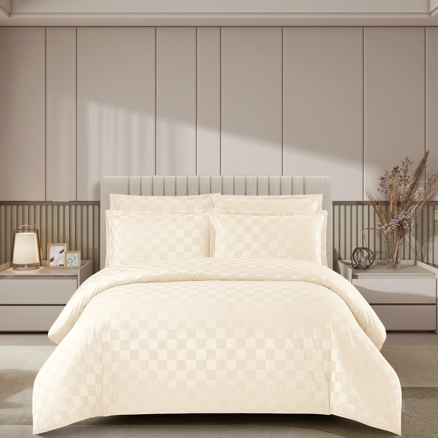 Lenjerie de Pat Damasc Premium Crem, 4 Piese, pentru 2 Persoane, cu Cearceaf Elastic 180x200 cm, Model P?tr??ele – C1493