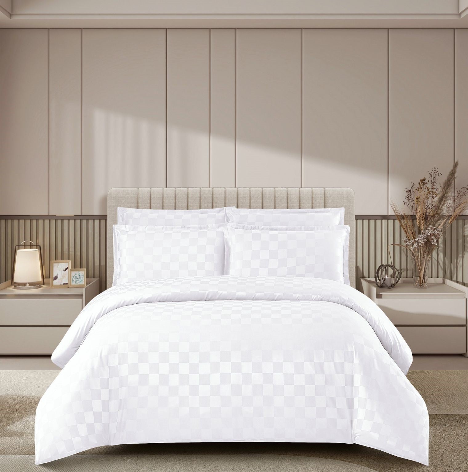 Lenjerie de Pat Damasc Premium Alb, 4 Piese, pentru 2 Persoane, cu Cearceaf Elastic 180x200 cm, Model P?tr??ele – C1480