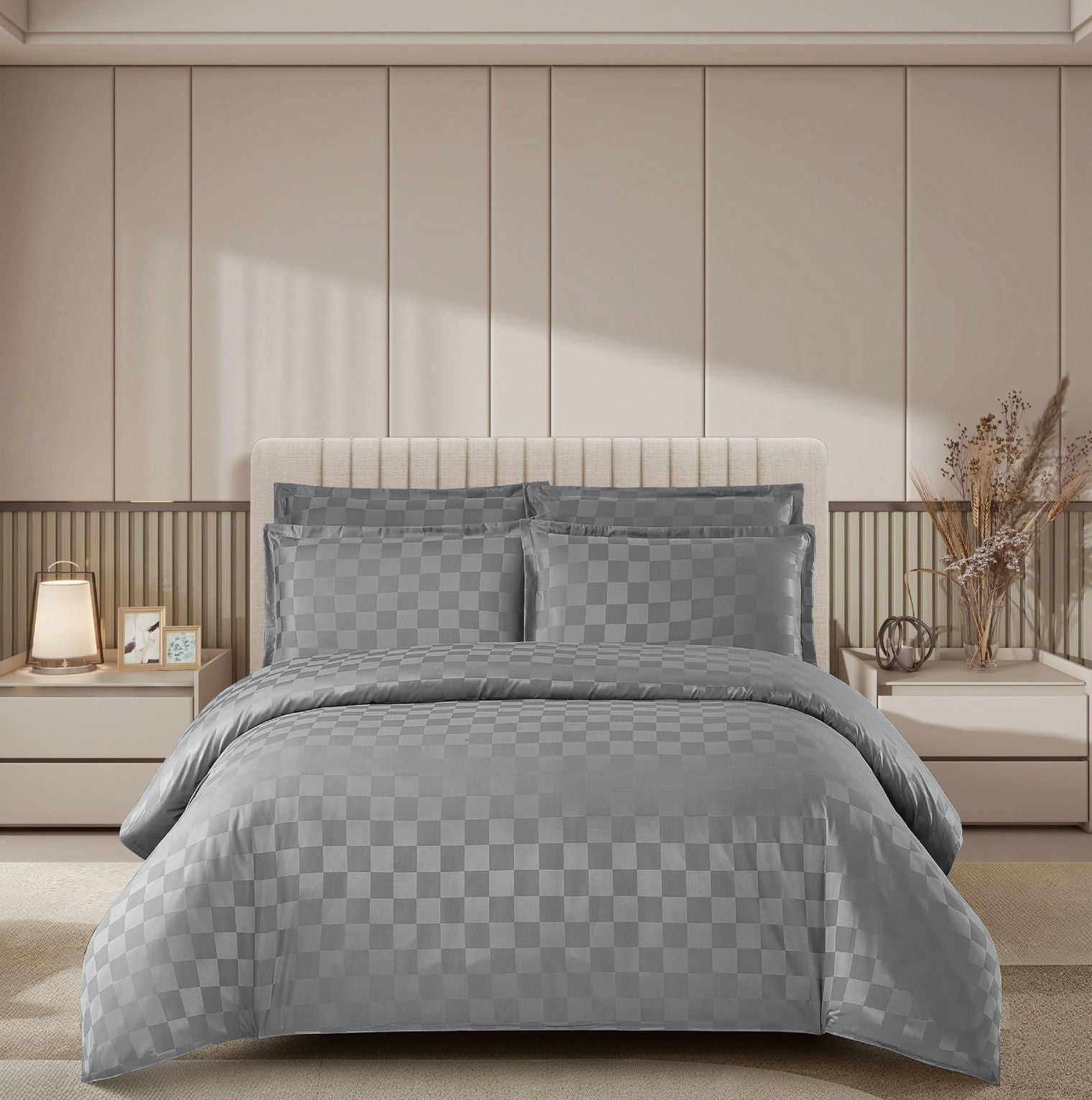 Lenjerie de Pat Damasc Premium Gri , 4 Piese, pentru 2 Persoane, cu Cearceaf Elastic 180x200 cm, Model P?tr??ele – C1483