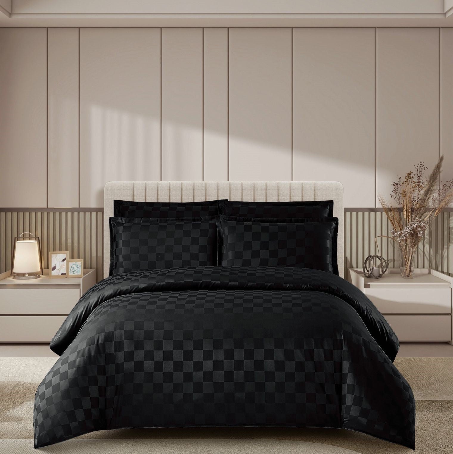 Lenjerie de Pat Damasc Premium Negru , 4 Piese, pentru 2 Persoane, cu Cearceaf Elastic 180x200 cm, Model P?tr??ele – C1481