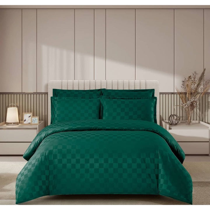 Lenjerie de Pat Damasc Premium Verde , 4 Piese, pentru 2 Persoane, cu Cearceaf Elastic 180x200 cm, Model P?tr??ele – C1484