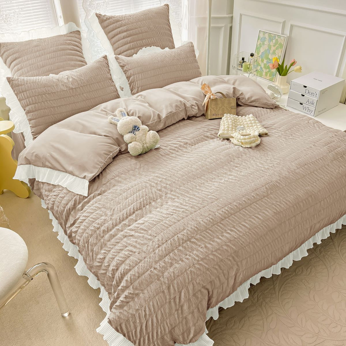 Lenjerie de pat dublu, Bumbac Creponata, 6 piese, Jojo Home C305