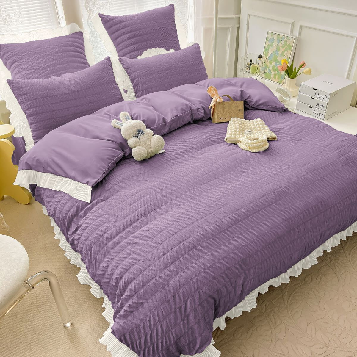 Lenjerie de pat dublu, Bumbac Creponata, 6 piese, Jojo Home C306