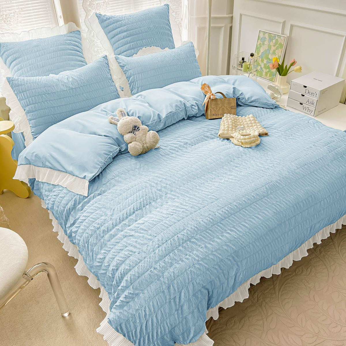 Lenjerie de pat dublu, Bumbac Creponata, 6 piese, Jojo Home C307