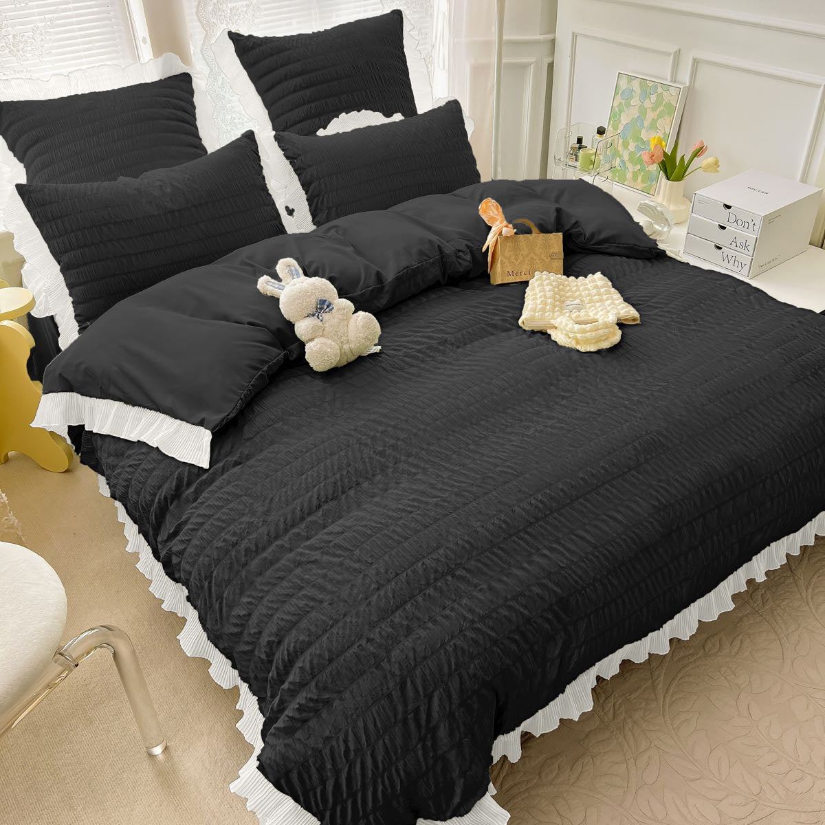 Lenjerie de pat dublu, Bumbac Creponata, 6 piese, Jojo Home C309
