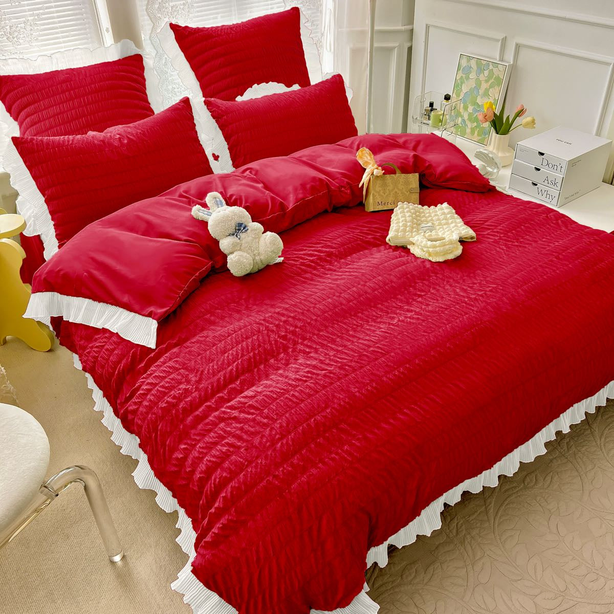 Lenjerie de pat dublu, Bumbac Creponata, 6 piese, Jojo Home C311