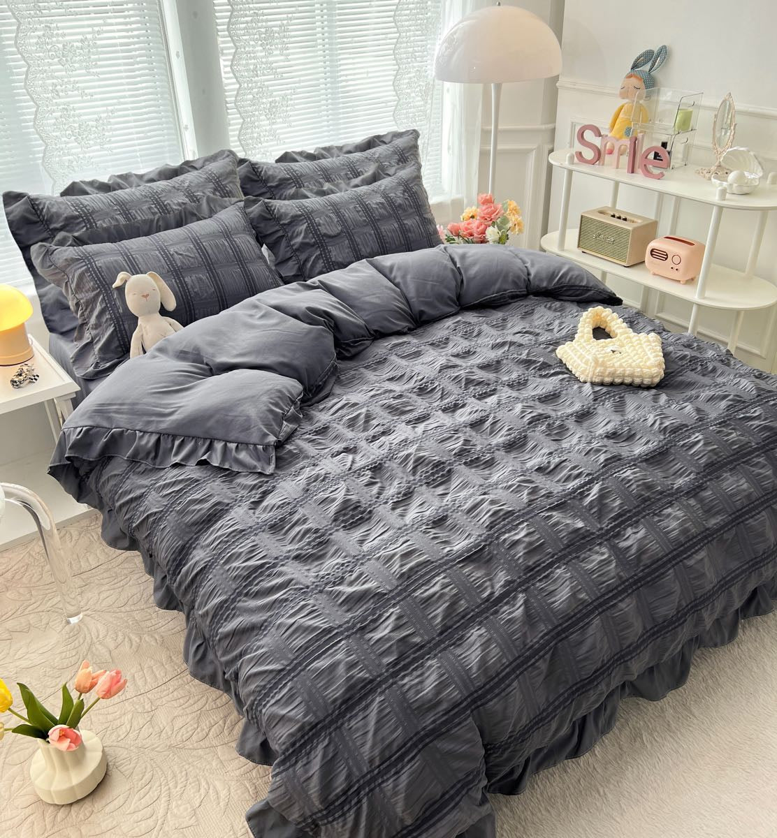 Lenjerie de pat dublu, Bumbac Creponata, 6 piese, Jojo Home C315
