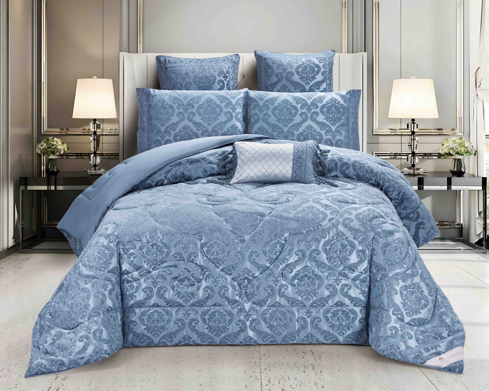 Lenjerie de Pat Dublu, Model Jacquard, 7 Piese, Cearceaf cu Elastic, Jojo Home C299