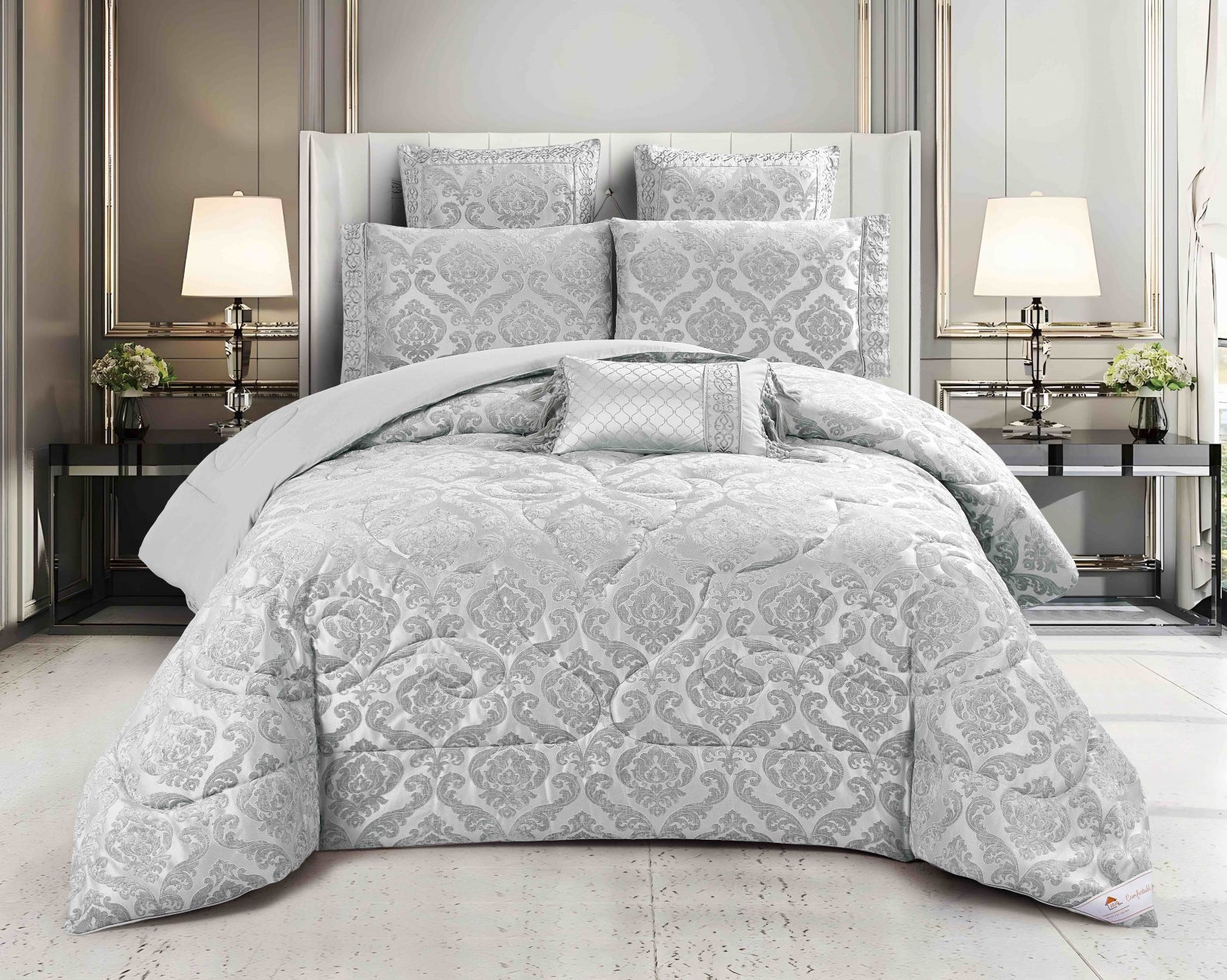 Lenjerie de Pat Dublu, Model Jacquard, 7 Piese, Cearceaf cu Elastic, Jojo Home C300